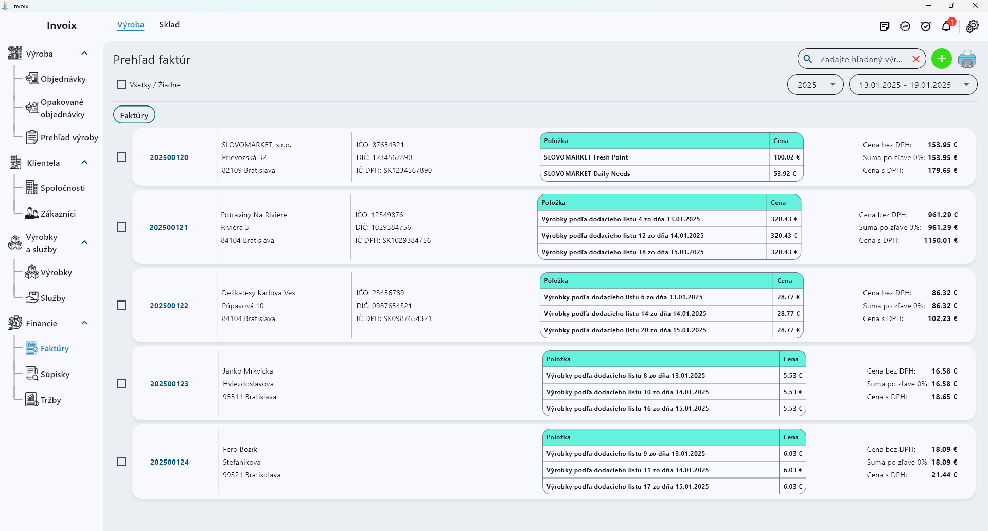 Invoices screen