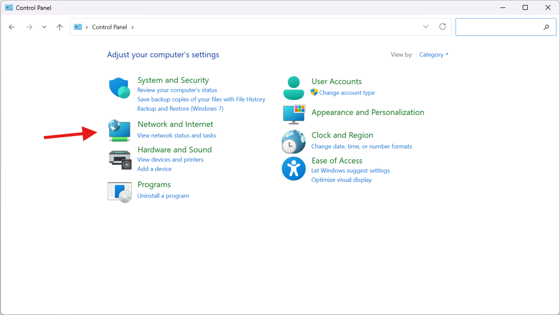 Ovládací panel Windows 11 s vyznačenou položkou Network and Internet