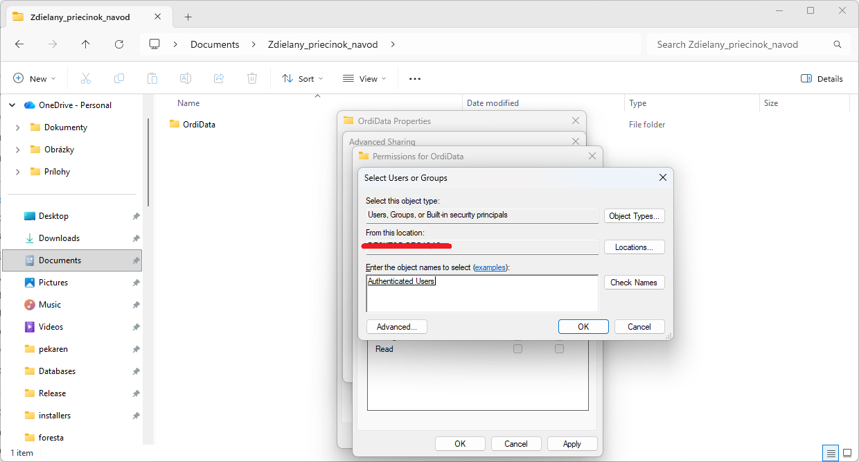 Dialóg Select Users or Groups s textom Authenticated Users v poli pre meno objektu