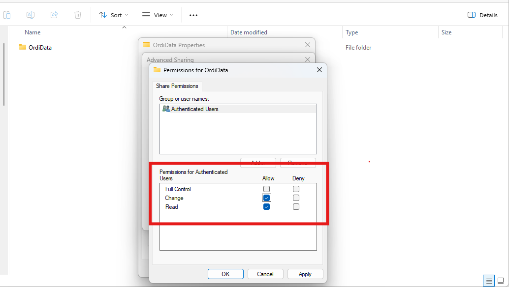 Share Permissions so zaškrtnutými oprávneniami Allow Change a Allow Read