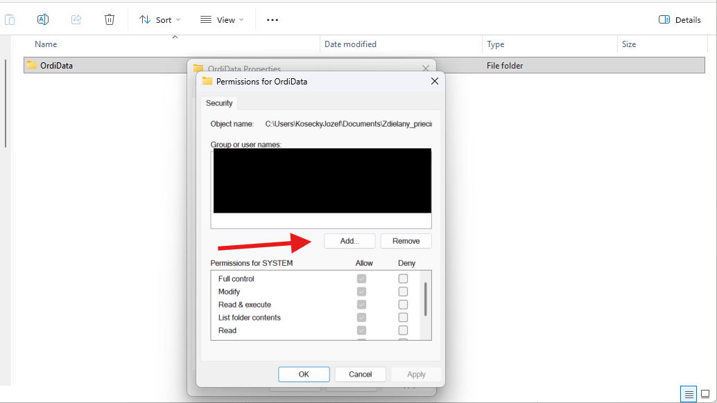 Vlastnosti priečinka, karta Security s vyznačeným tlačidlom Edit a Add