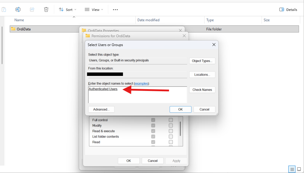 Dialóg Select Users or Groups s textom Authenticated Users pre Security oprávnenia