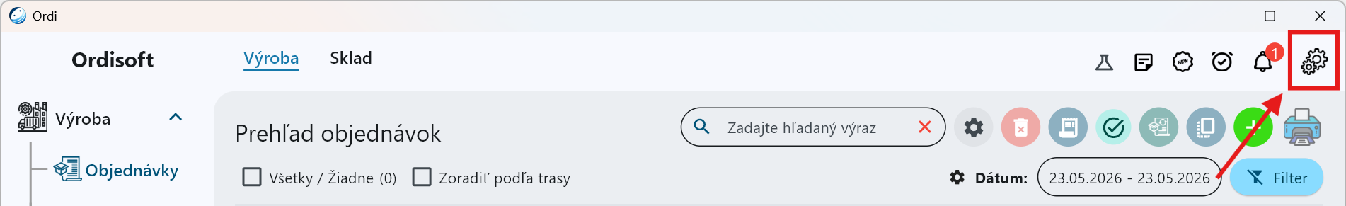 Otvorenie nastavení v aplikácii OrdiSoft, ikona ozubeného kolieska vpravo hore